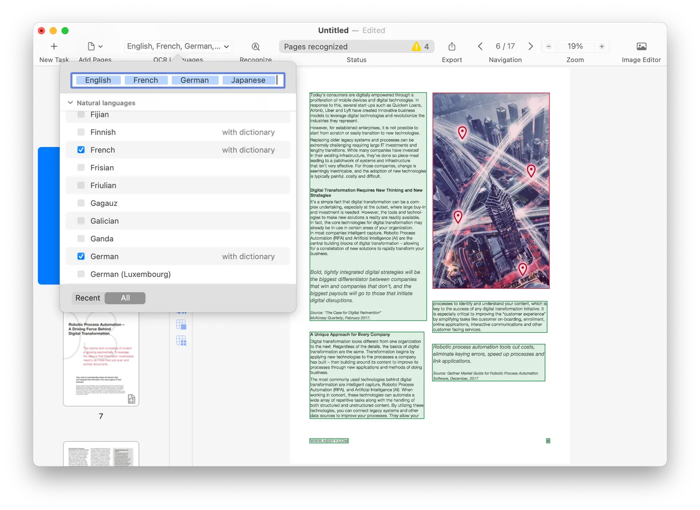 Επιλογή γλωσσών αναγνώρισης στο FineReader PDF για Mac.