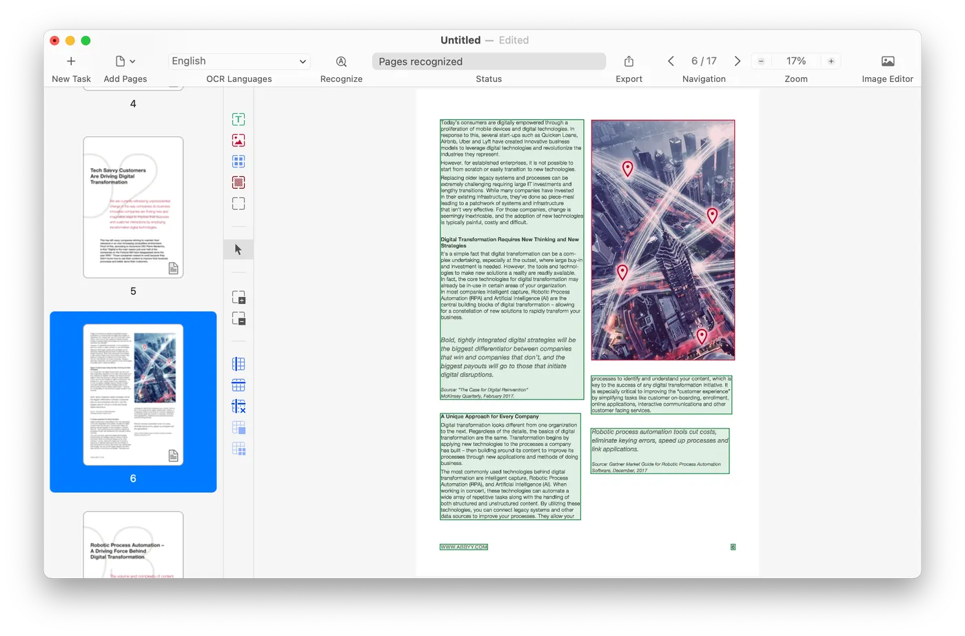 Το FineReader PDF για Mac με ένα πολυσέλιδο έγγραφο ανοιχτό και τις αναγνωρισμένες περιοχές κειμένου και εικόνων επισημασμένες.