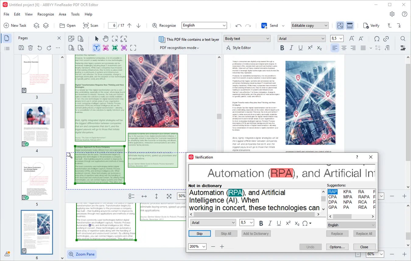 Ο OCR Editor του FineReader PDF με ανοιχτό παράθυρο επαλήθευσης αναγνωρισμένου κειμένου.