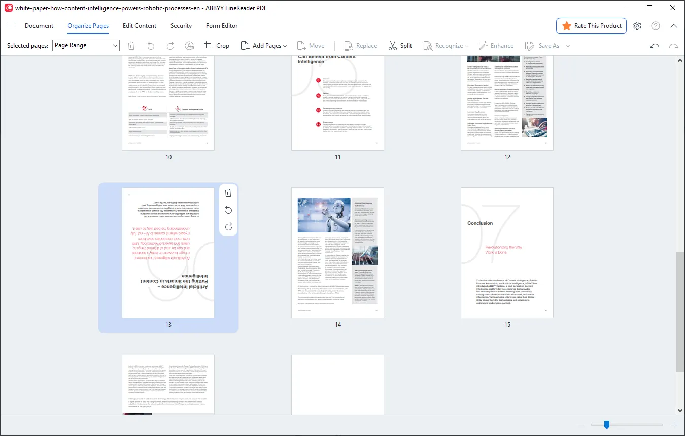 Η προβολή οργάνωσης σελίδων του FineReader PDF με μικρογραφίες σελίδων ενός εγγράφου.
