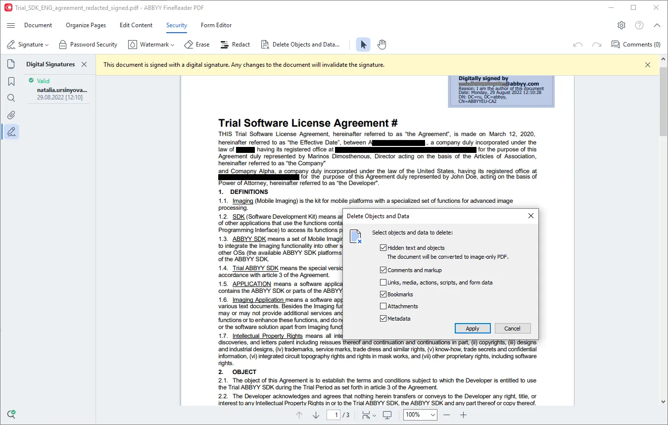 Απόκρυψη ευαίσθητων στοιχείων σε έγγραφο PDF με τα εργαλεία προστασίας του FineReader PDF.